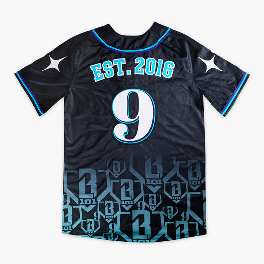 Black sports jersey with blue and purple accents and 'EST. 2016 9' text on a white background