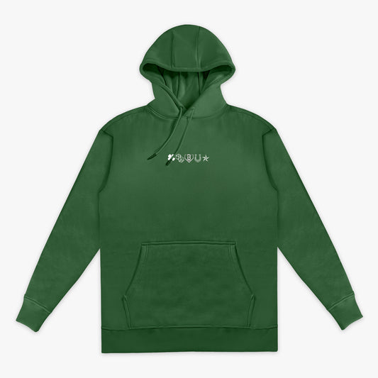 Green hoodie with a clover and BL101 logo on chest on a white background