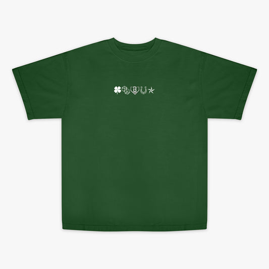 Green t-shirt with a small star, horseshoe, BL101 logo, dice and four leaf clovers on chest.