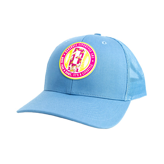 blue trucker hat, blue baseball trucker hat
