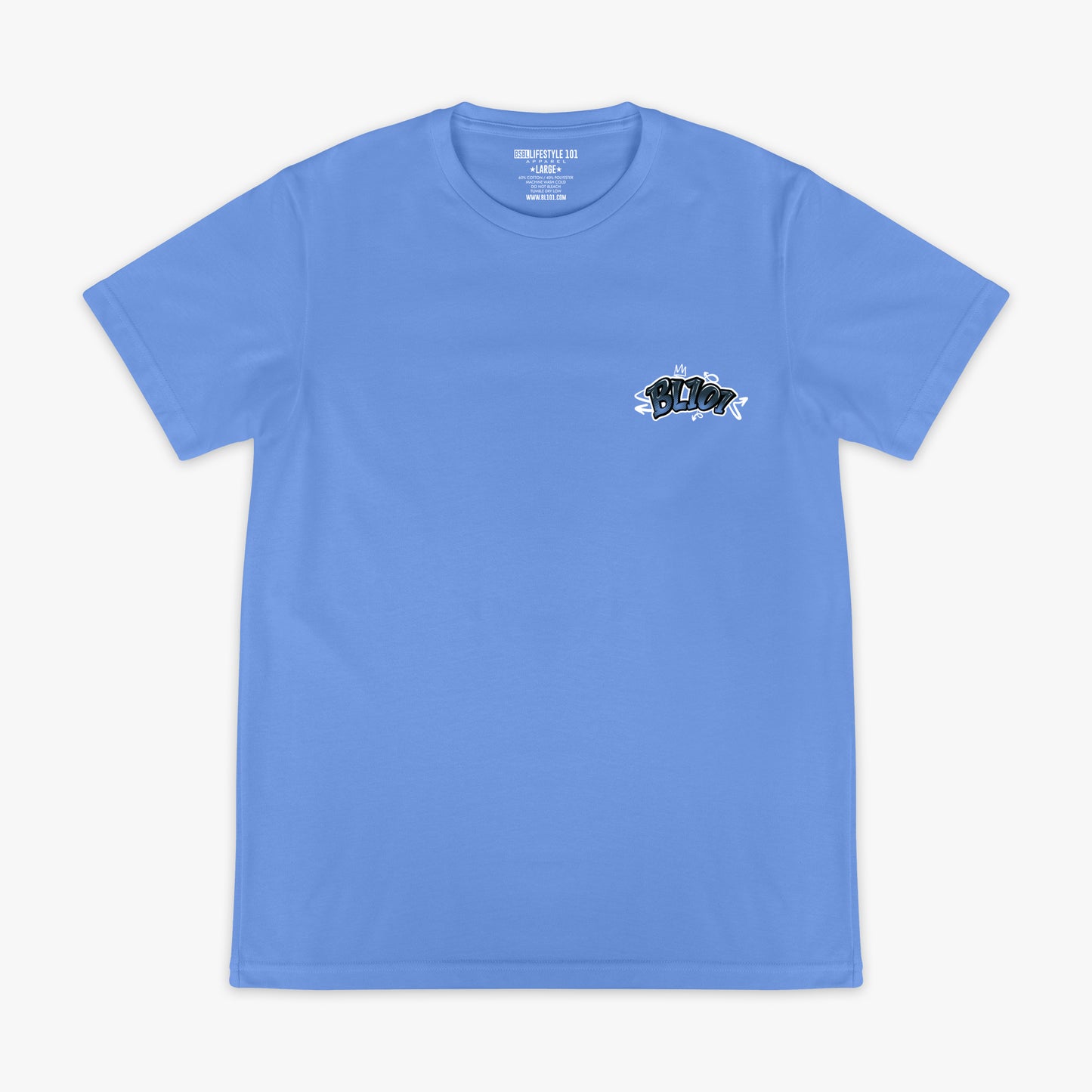 Blue t-shirt with a graffiti style 'BL101' logo on to[p corner against a white background