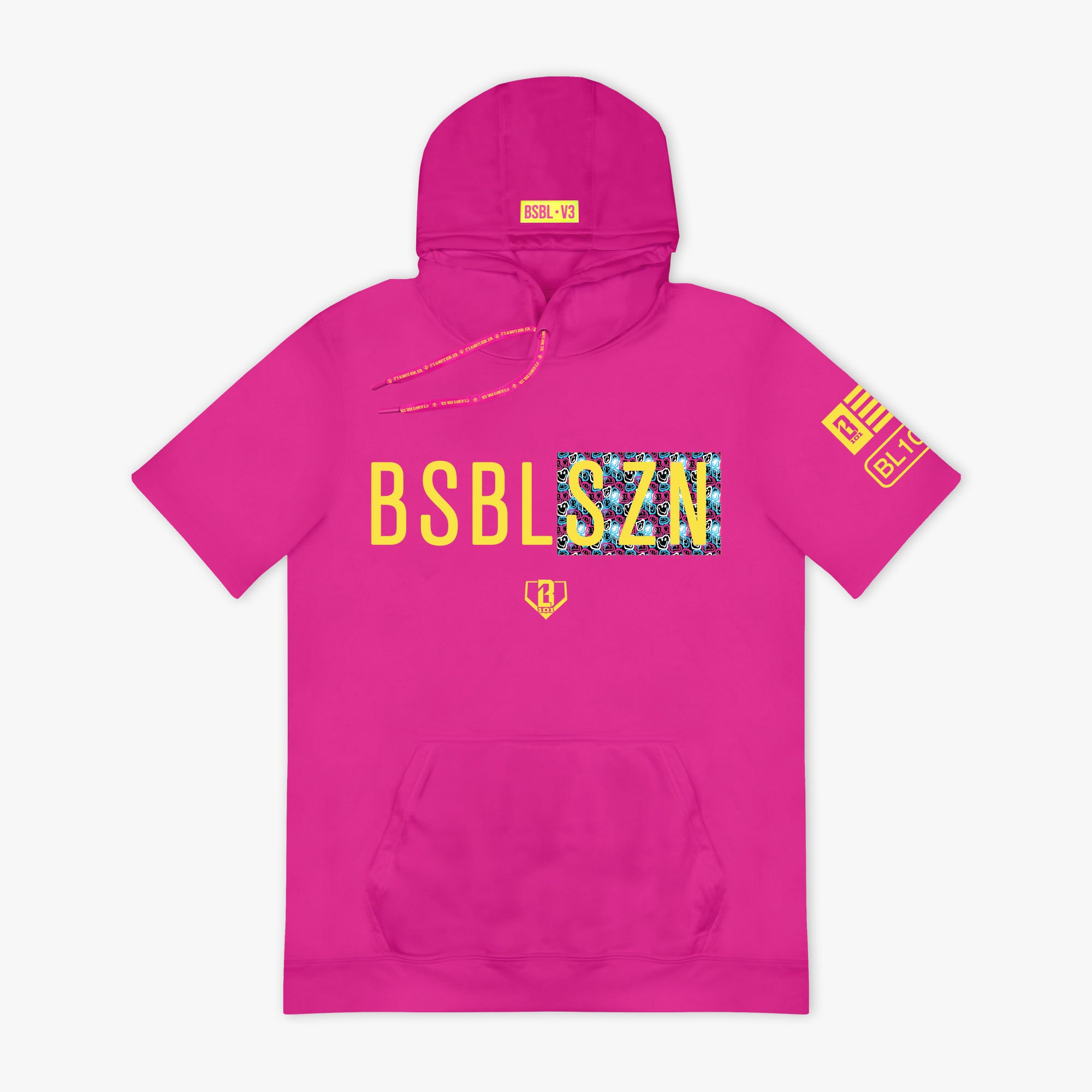 BSBL-SZN Short Sleeve Hoodie V3 - Pink/Smiley Slugger - Baseball