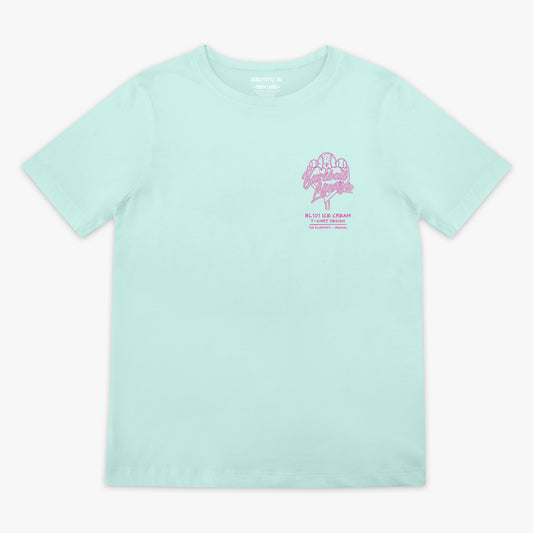 Light blue t-shirt with pink ice cream graphic and "Baseball Lifestyle 101" logo