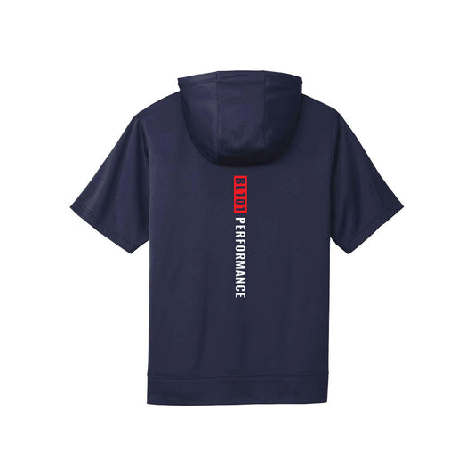 Navy short sleeve hoodie back view with BL101 Performance 