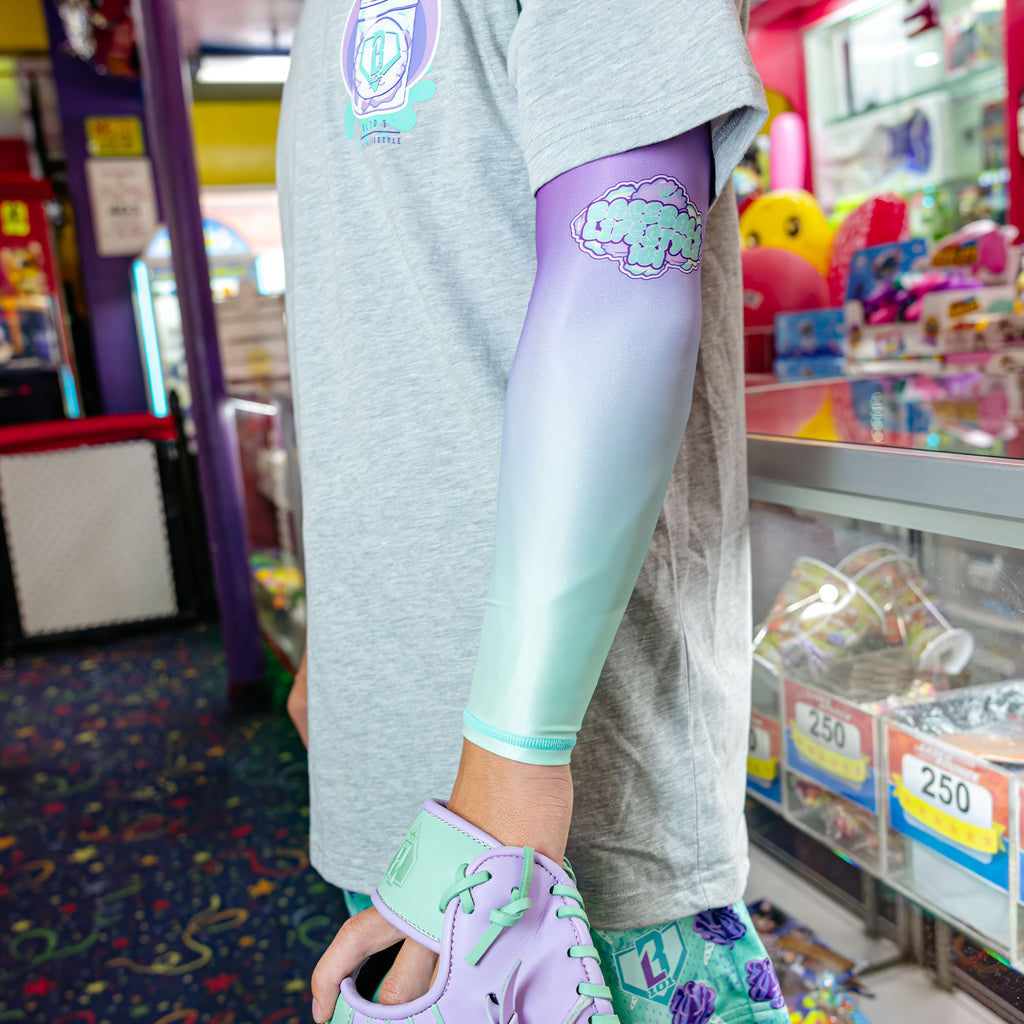 Adult model wearing Cotton Candy Galaxy Grape arm sleeve