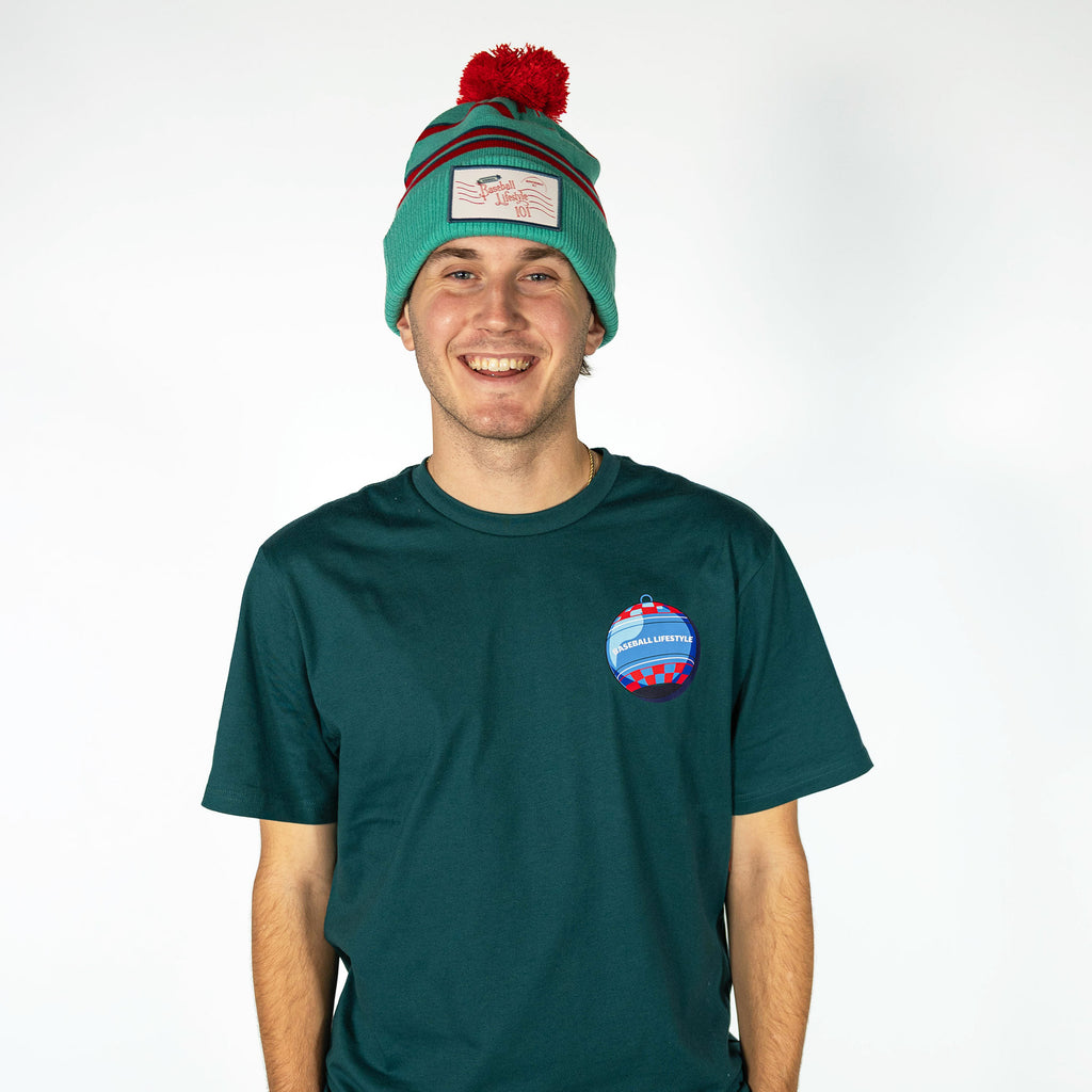 Blue beanie with "Holiday Stamps Beanie" design