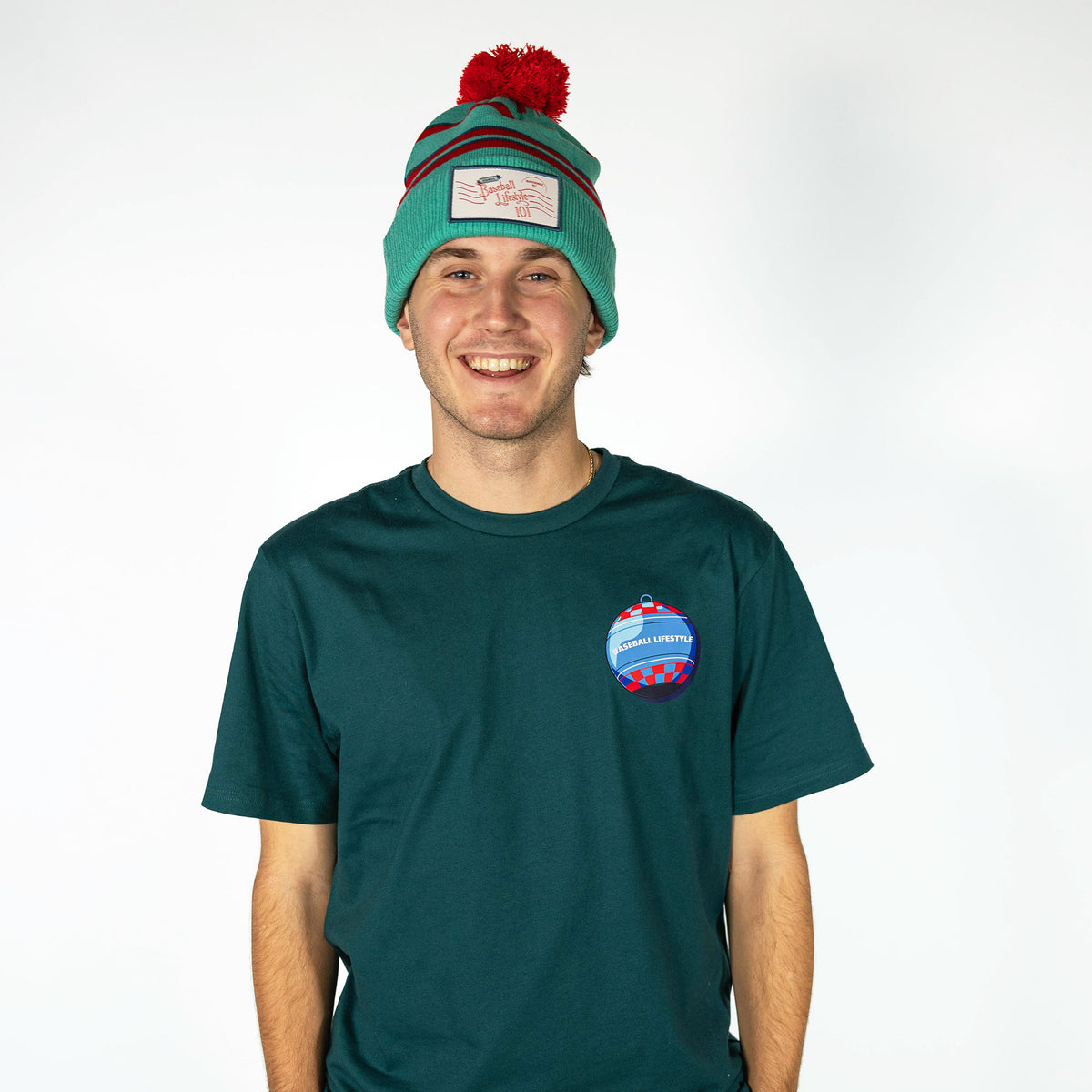 Blue beanie with "Holiday Stamps Beanie" design