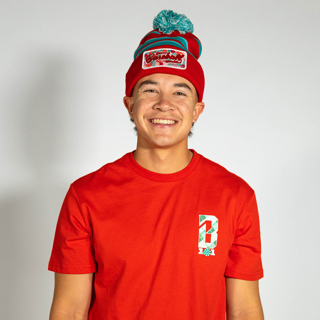 Red beanie with "Peppermint Beanie" design