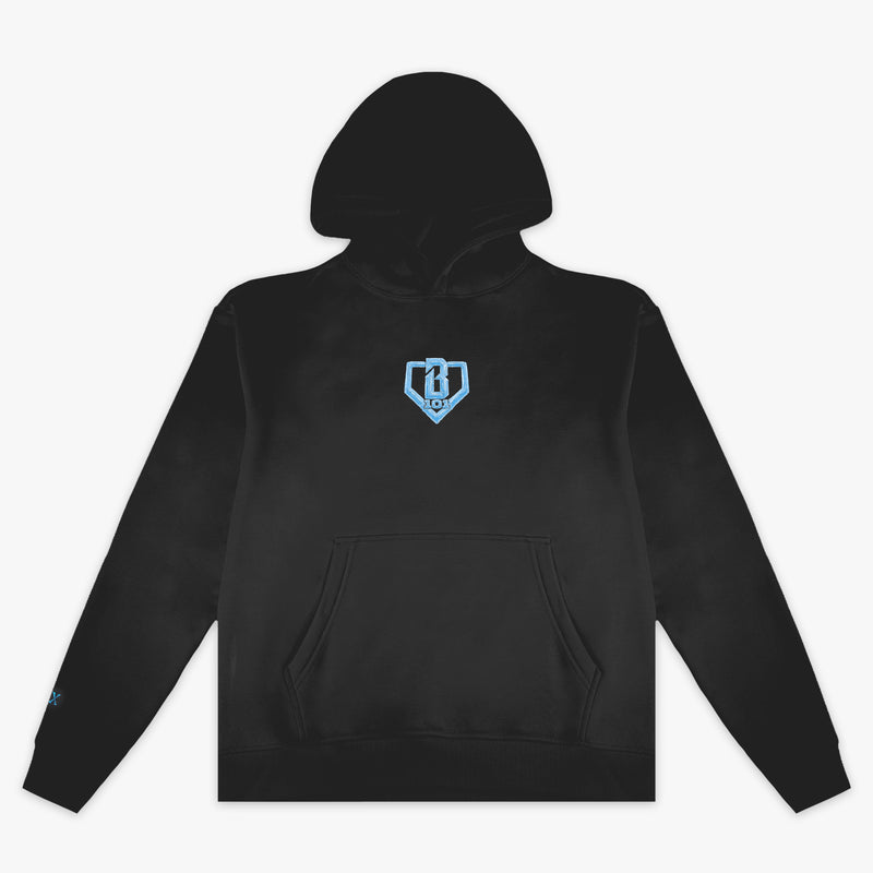 Black youth hoodie with "10 Year Anniversary" design — front view