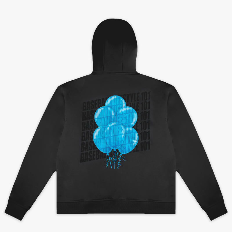 Black youth hoodie with "10 Year Anniversary" design — back view