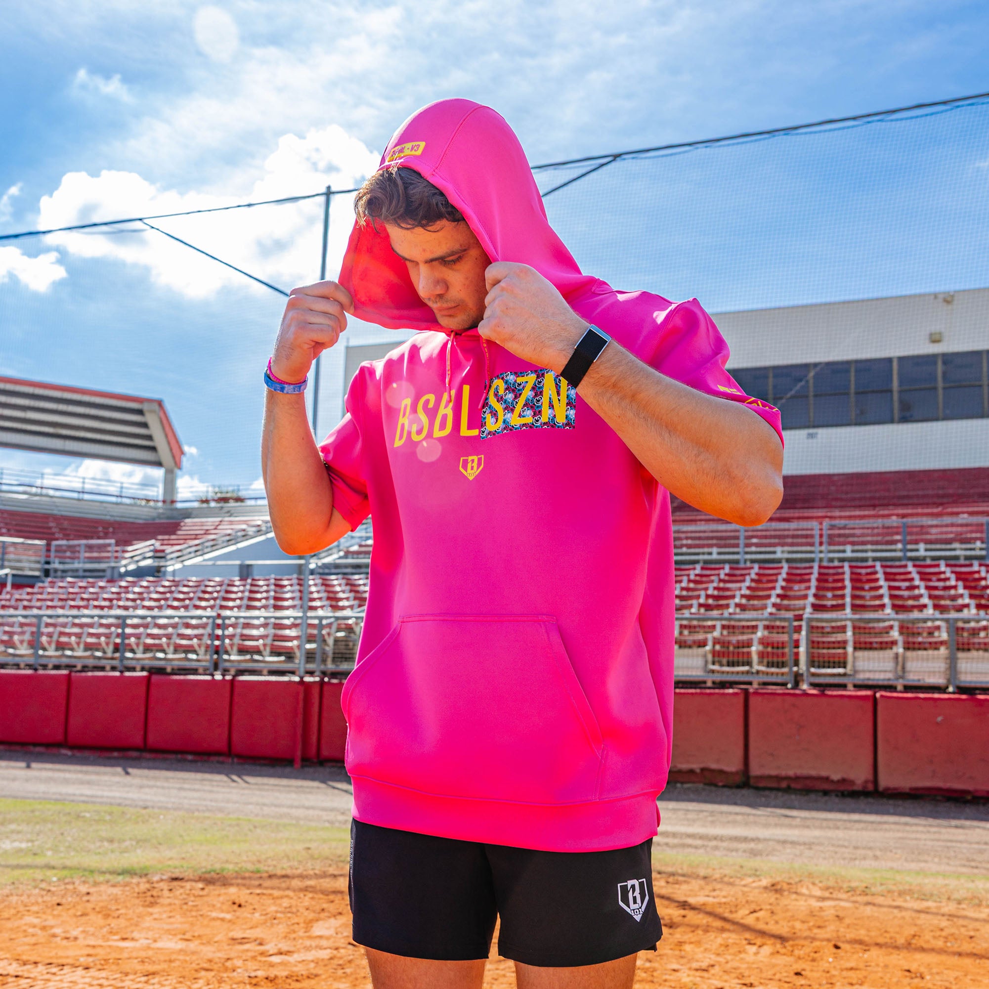 BSBL-SZN Short Sleeve Hoodie V3 - Pink/Smiley Slugger - Baseball