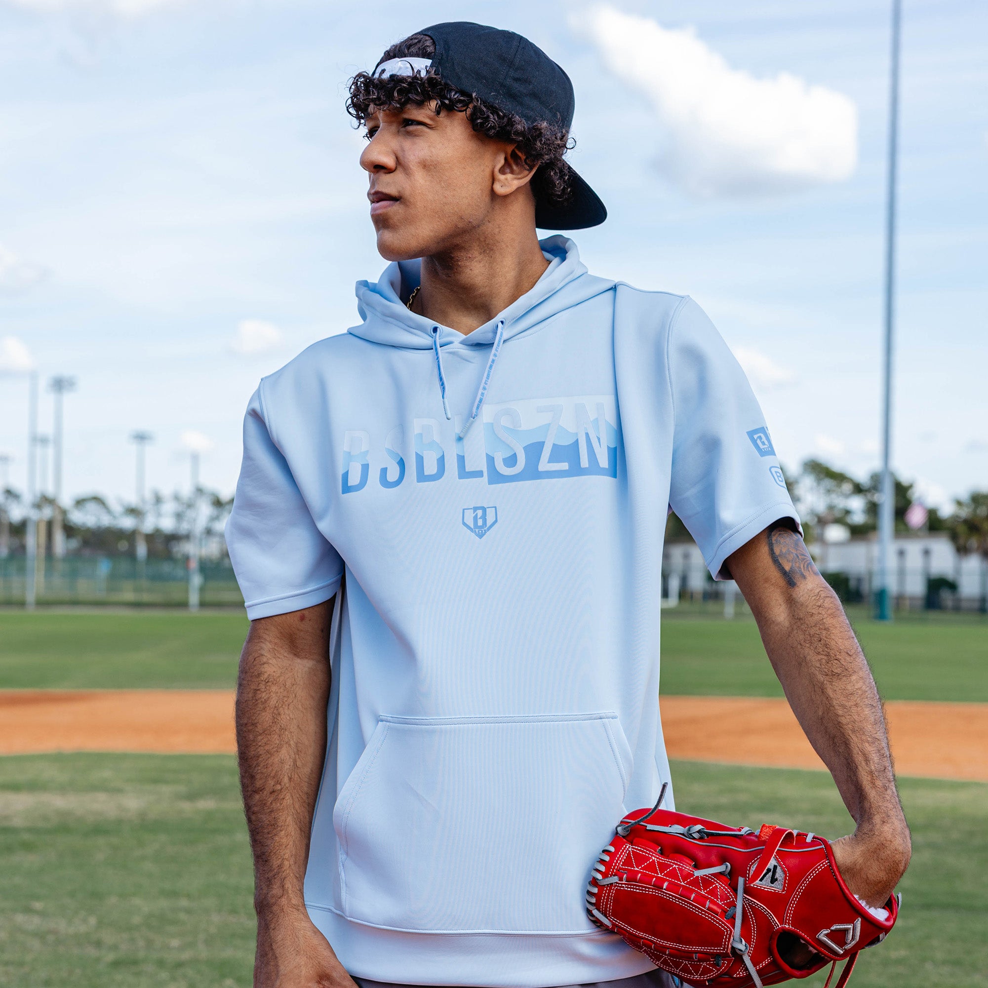 BSBL-SZN Short Sleeve Hoodie V3 - Powder Blue/Wavy - Baseball