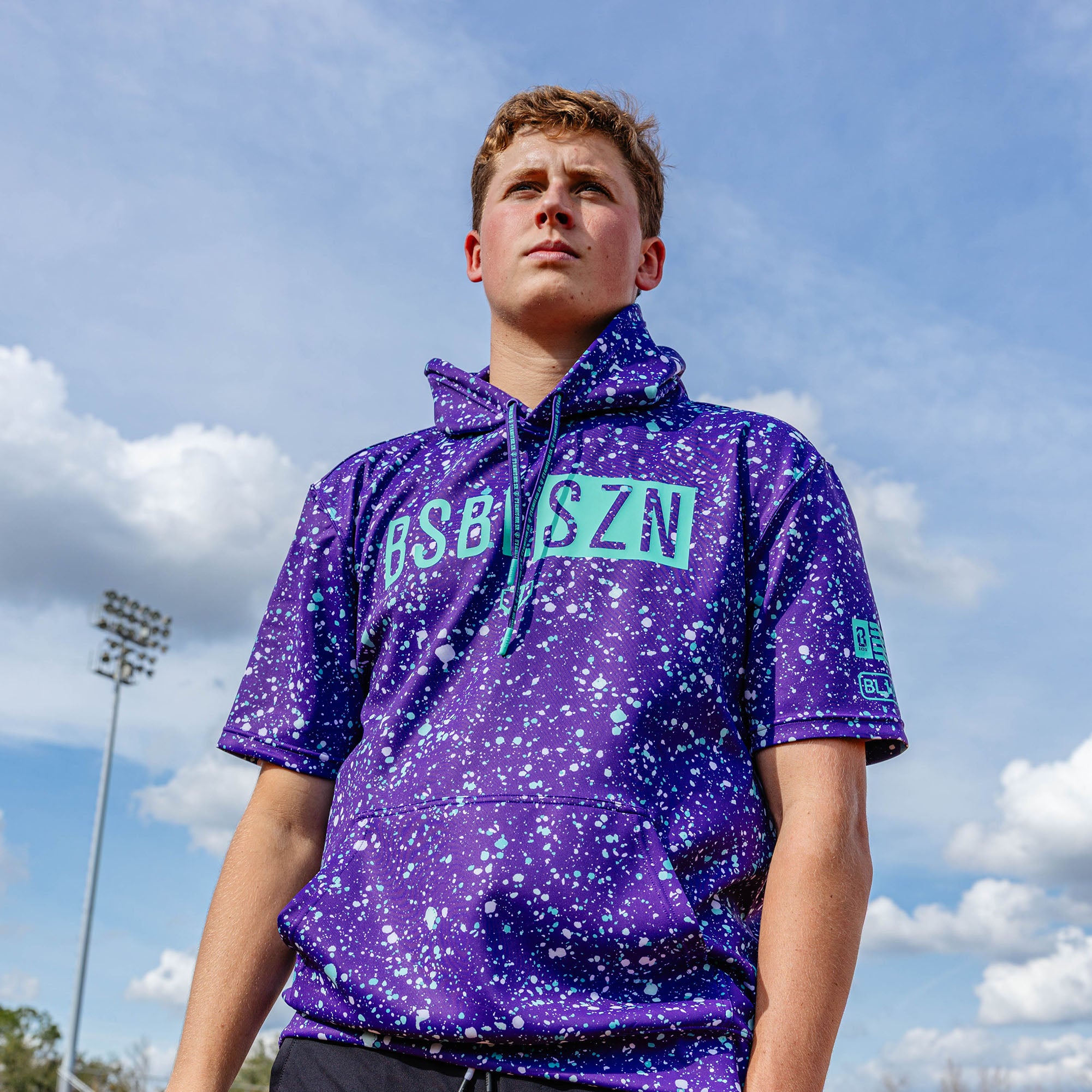 BSBL-SZN Youth Short Sleeve Hoodie V3 - Splatter Purple/Teal