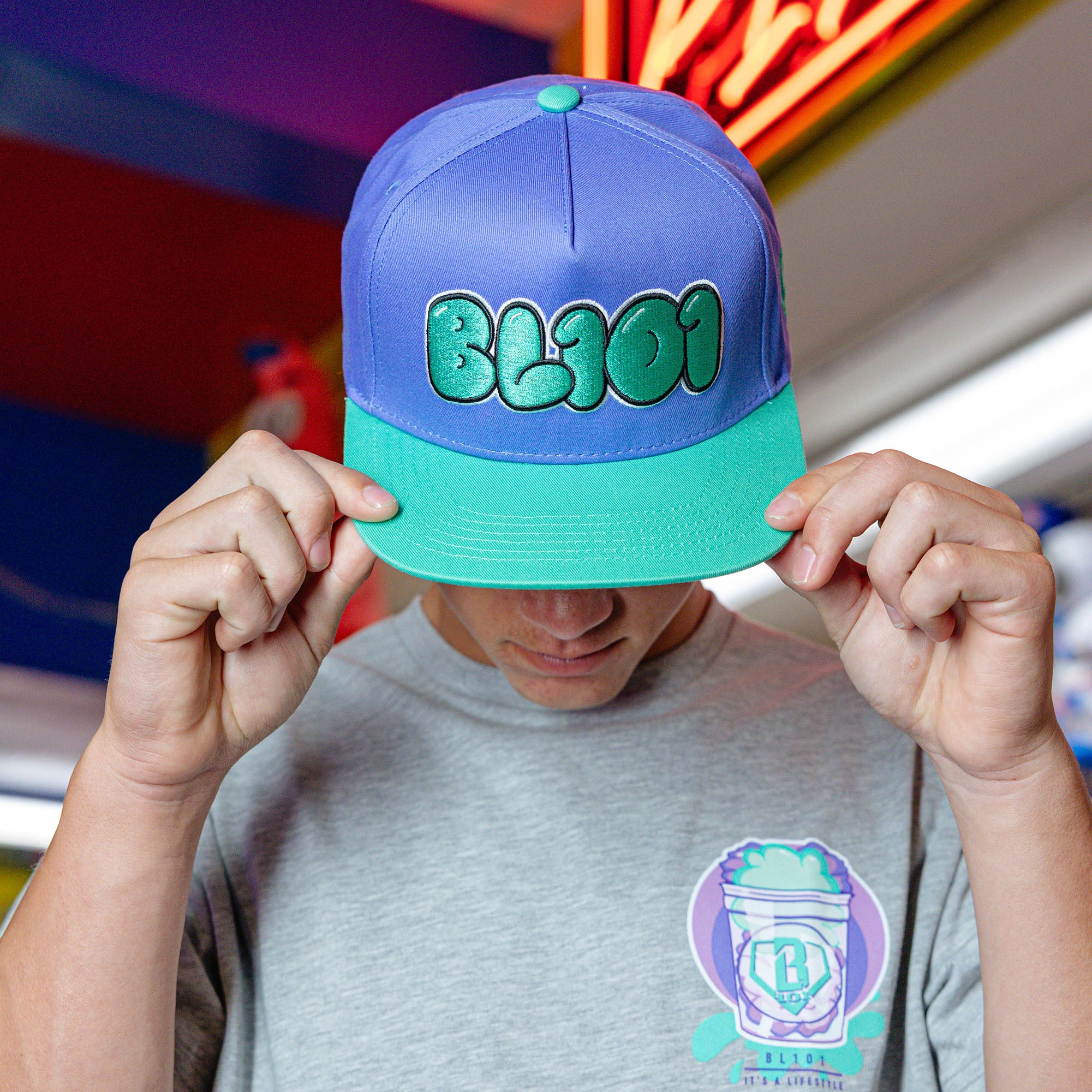 Adult model wearing Cotton Candy Galaxy Grape hat