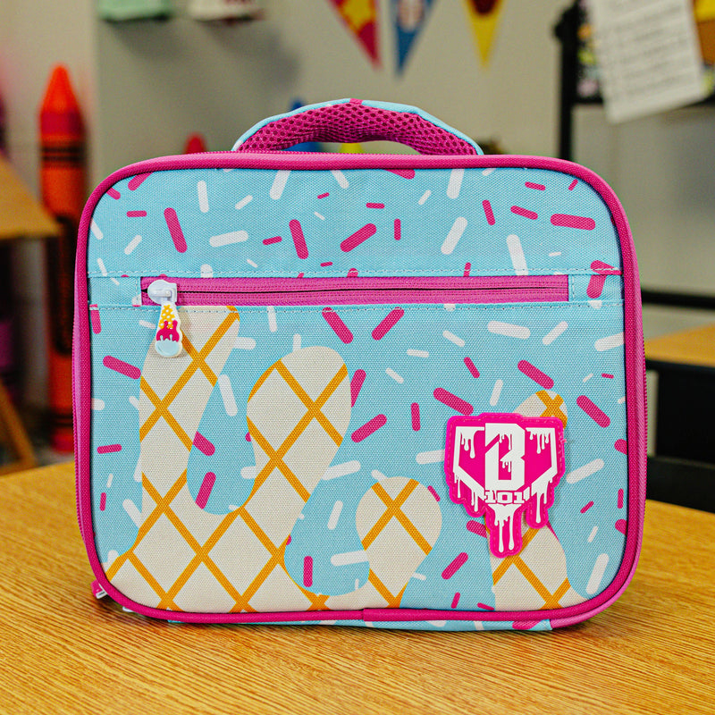 Adult model wearing blue lunch box with "Cotton Candy Ice Cream  SZN 2" design