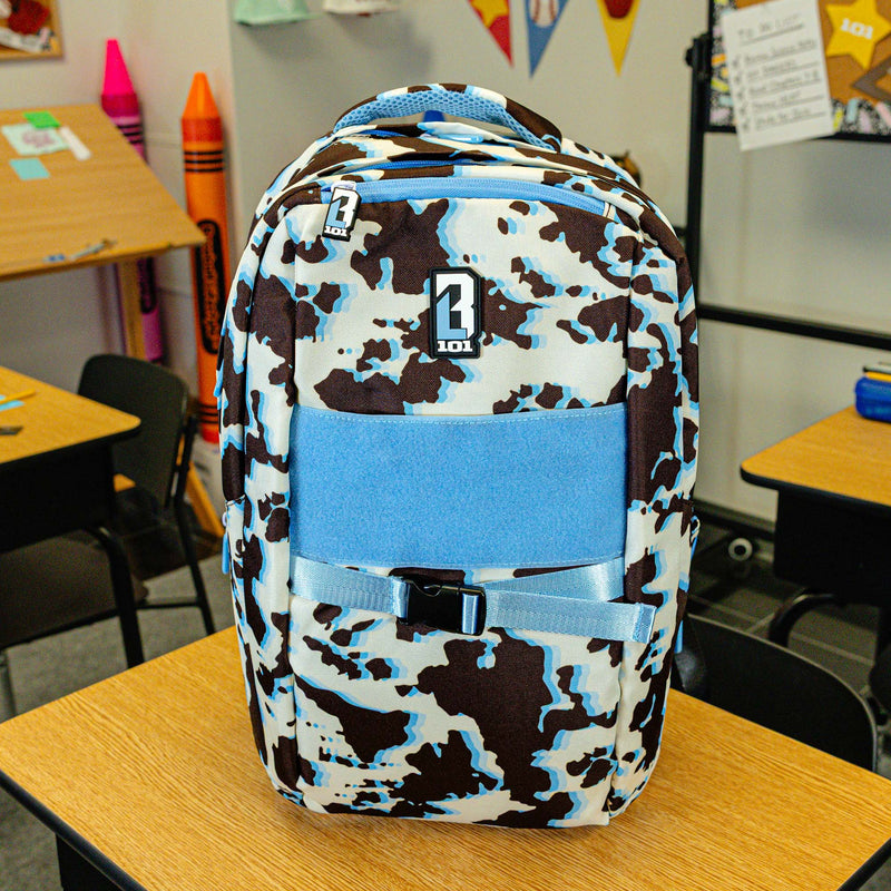 Multi-Color backpack with "Cowhide Curveball SZN 2" design — back view
