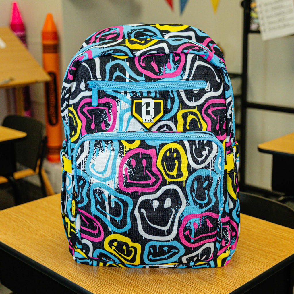 Multi-Color backpack with "Smiley Slugger Rotation" design — back view