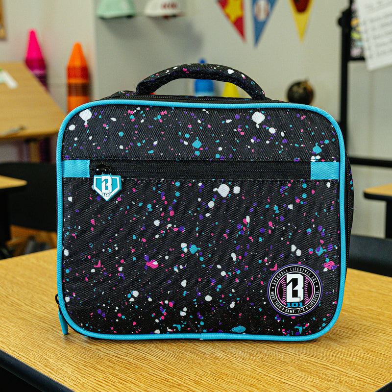 Adult model wearing black lunch box with "Splatter SZN 2" design