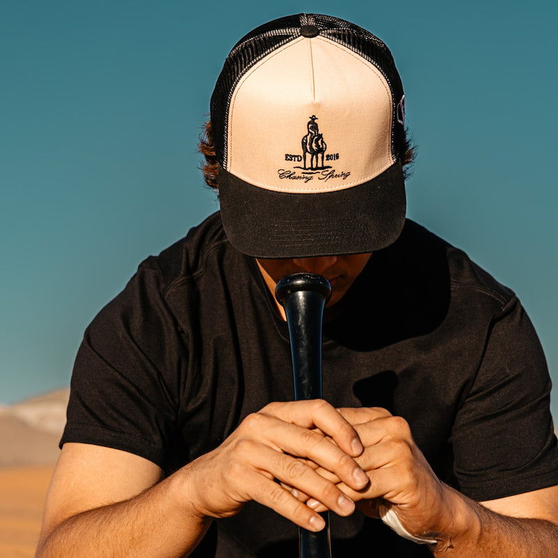 Person wearing a black and beige cap with man on horse graphic, holding a black baseball bat