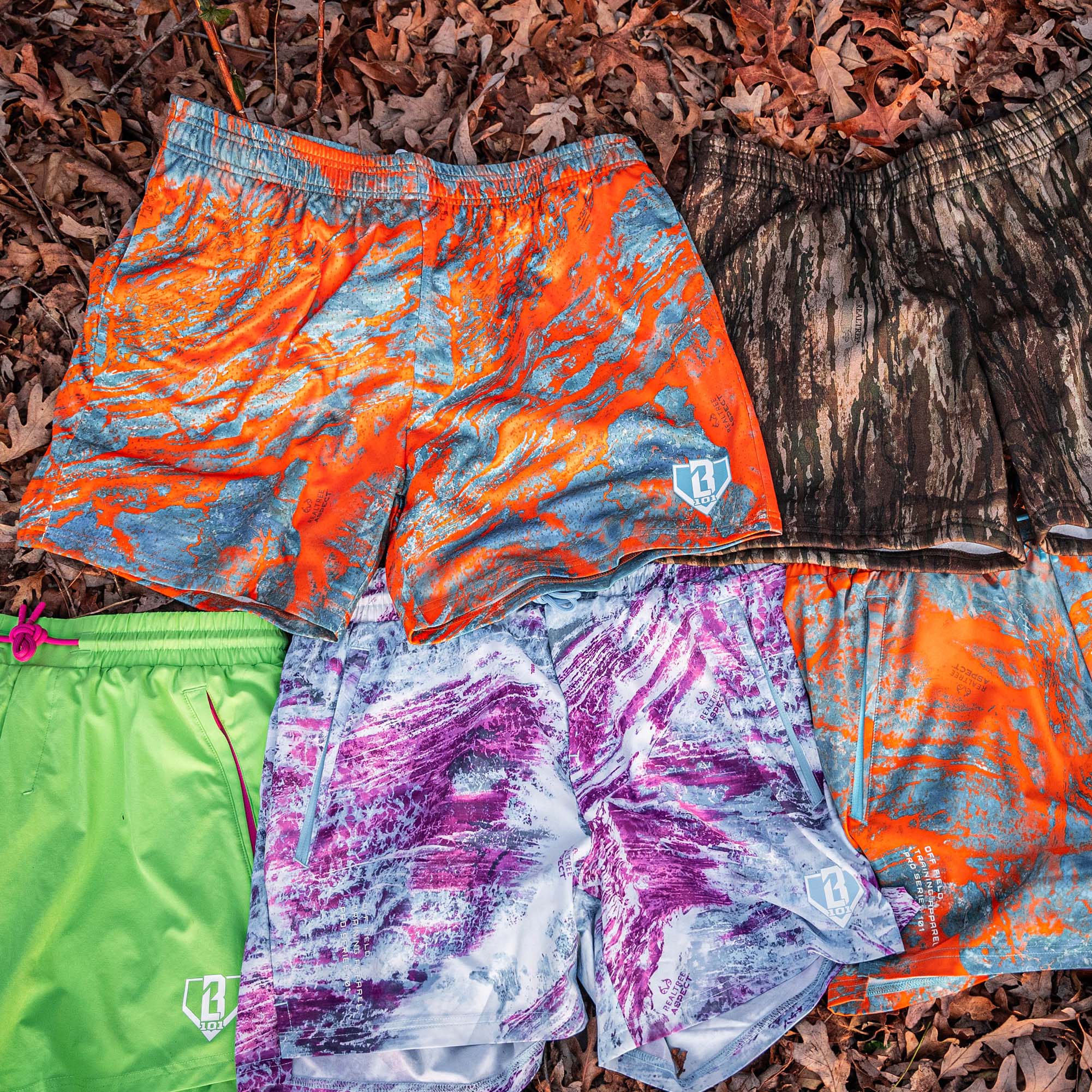 Colorful patterned shorts on a leafy background
