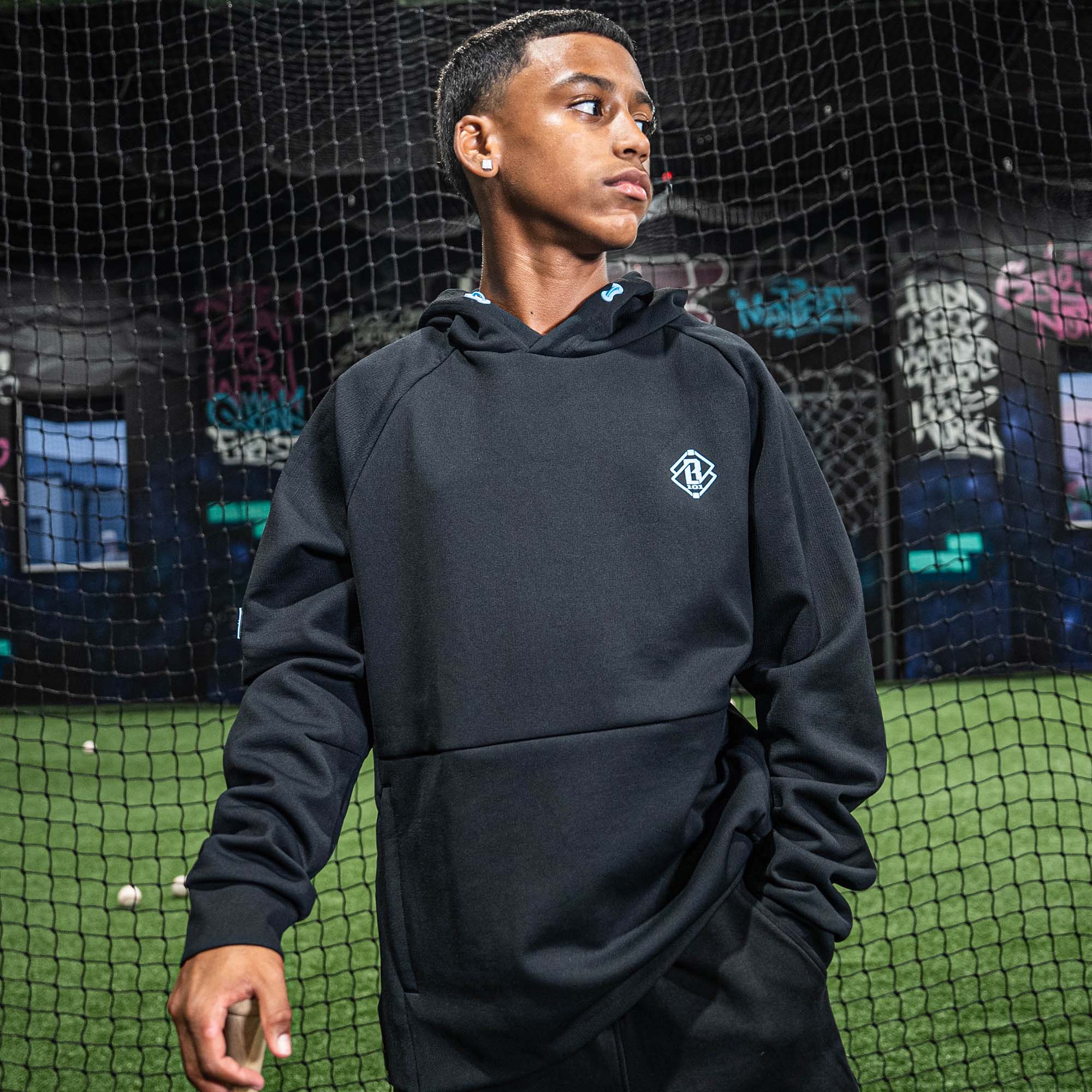 Diamond Tech Side Vented Youth Hoodie - Black/Light Blue