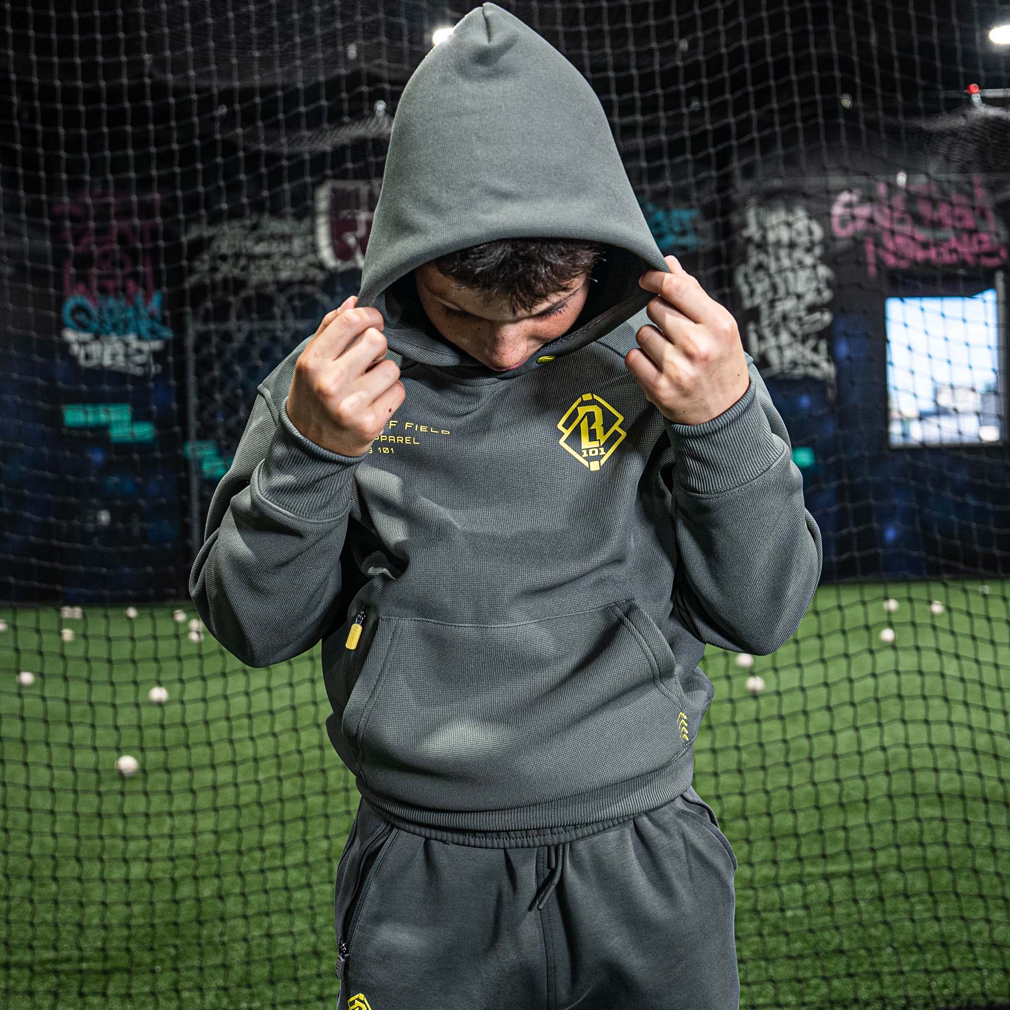 Off-Field Waffle Performance Youth Hoodie - Gray/Yellow - Baseball