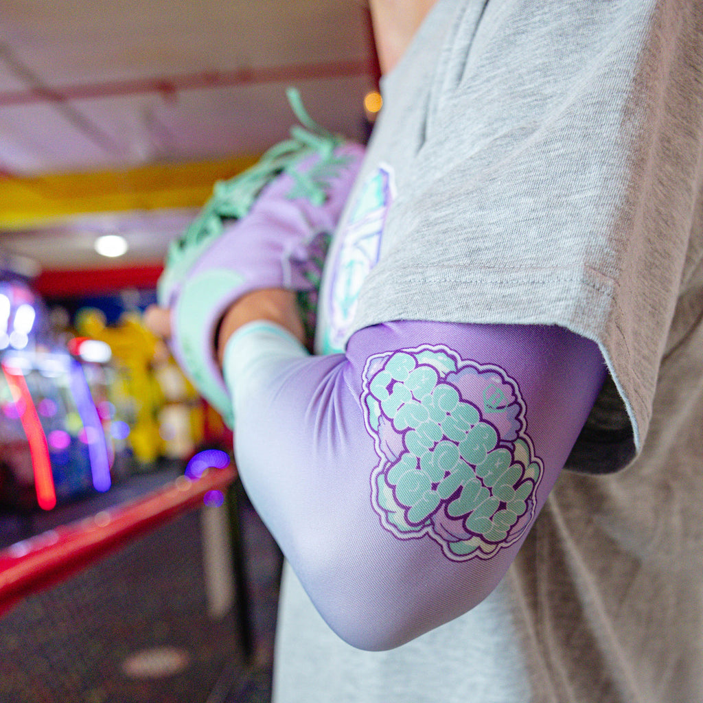 Adult model wearing Cotton Candy Galaxy Grape arm sleeve
