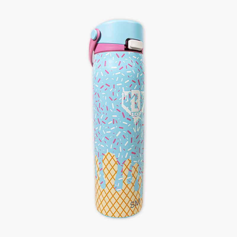 Adult model wearing blue water bottle with "Mesa Sport" design