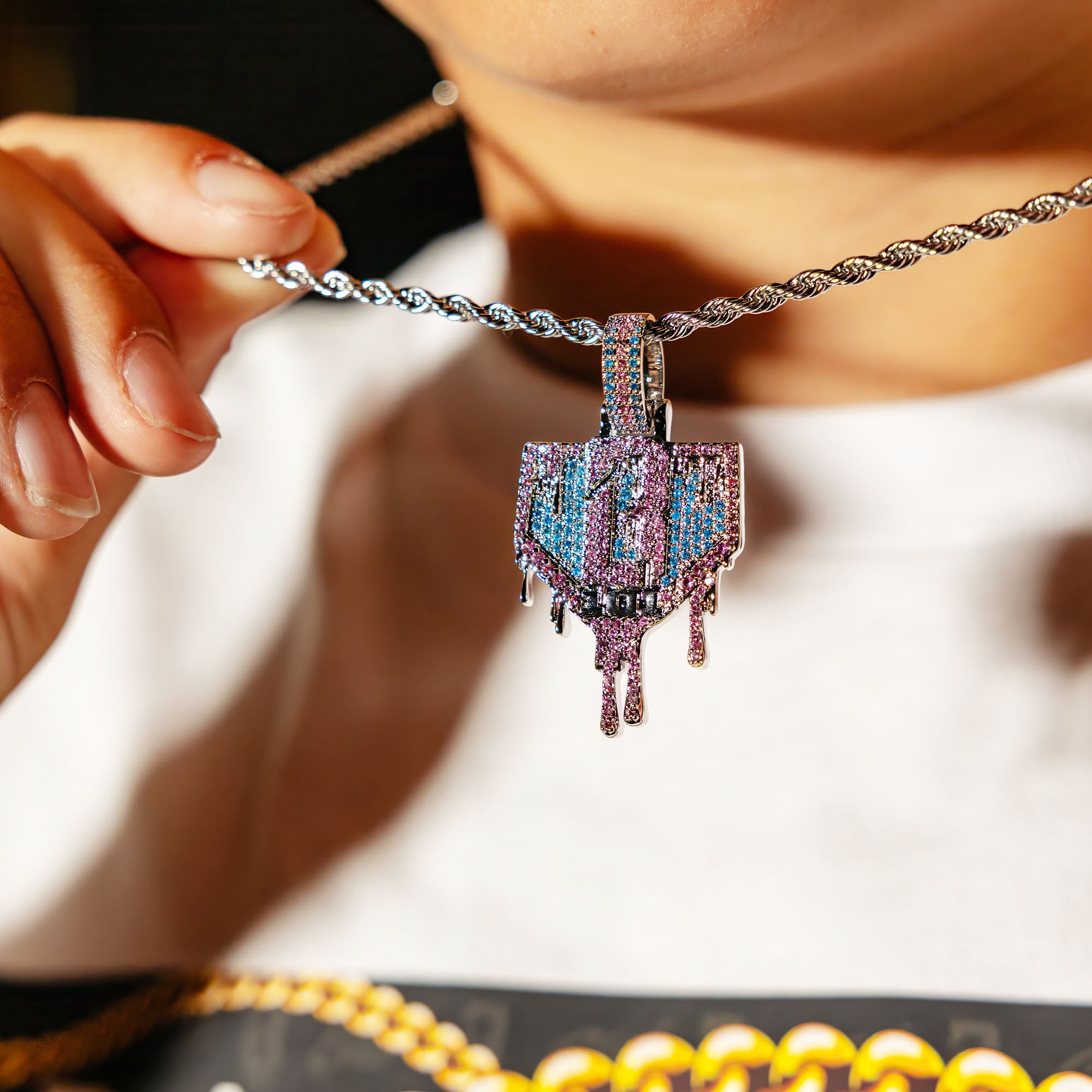 Model wearing White Gold BL101 Drip Plate necklace