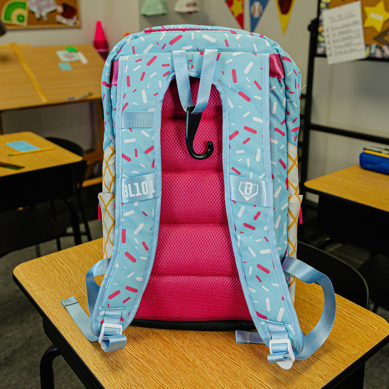 Blue backpack with "Cotton Candy Ice Cream  SZN 2" design — back view