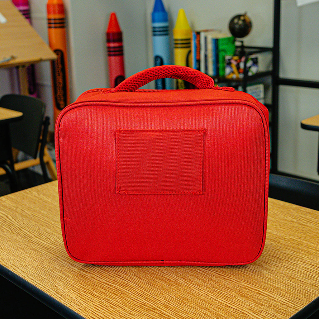 Adult model wearing red lunch box with "SZN 2" design