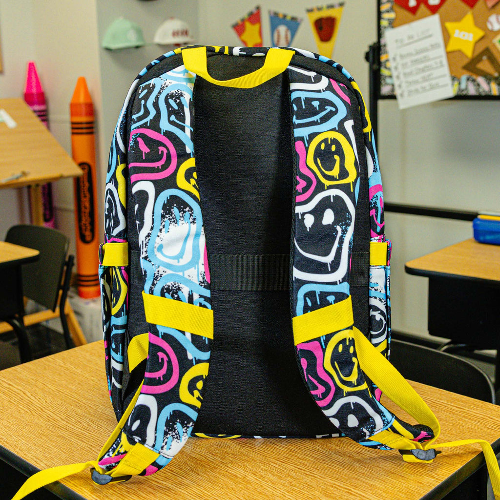 Multi-Color backpack with "Smiley Slugger Rotation" design — back view