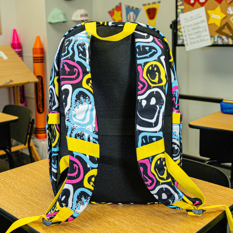 Multi-Color backpack with "Smiley Slugger Rotation" design — back view