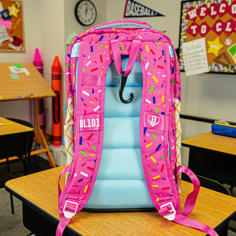 Pink backpack with "Strawberry Ice Cream  SZN 2" design — back view