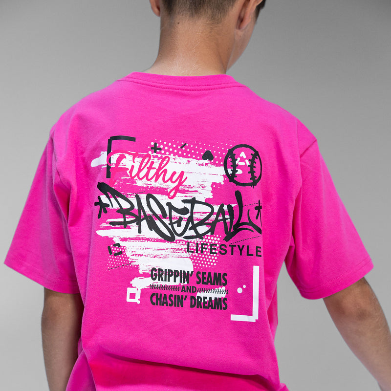 Person wearing pink t-shirt with a white BL101 logo on a white background