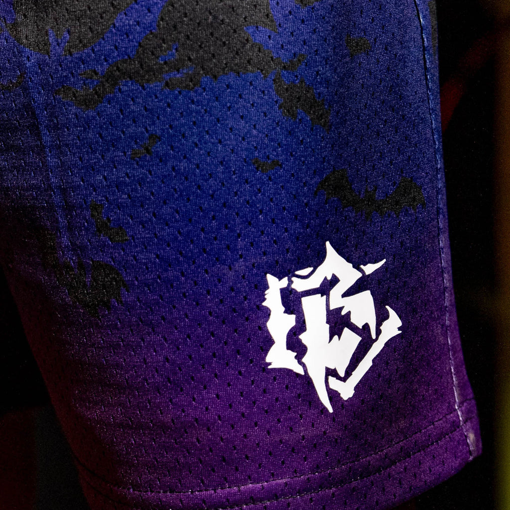 Close-up of a purple and black shorts with a white BL logo.