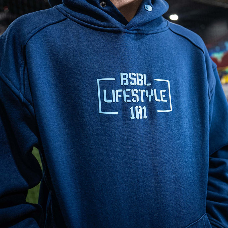 Blue hoodie with 'BSBL Lifestyle 101' text on a blurred background