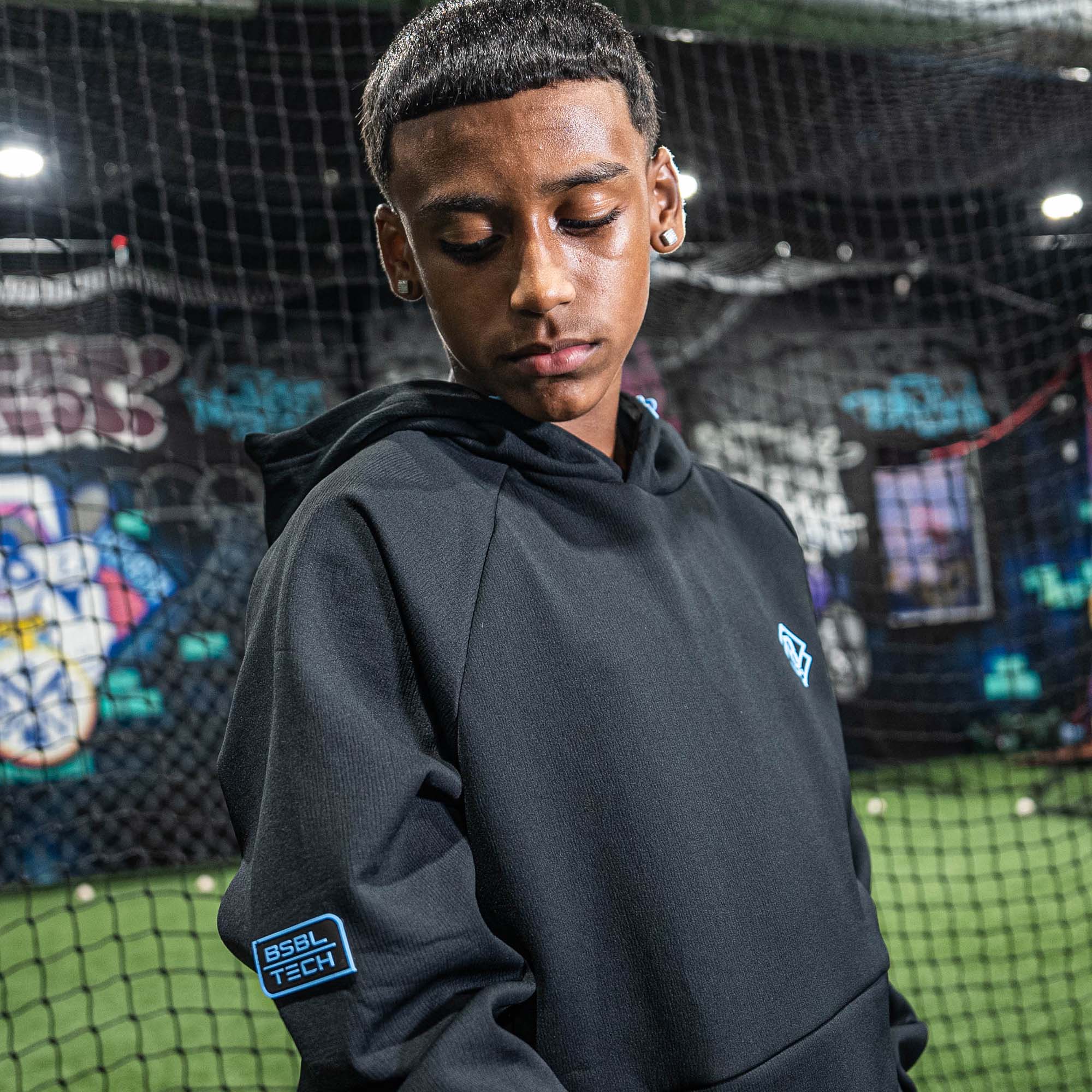 Diamond Tech Side Vented Youth Hoodie - Black/Light Blue