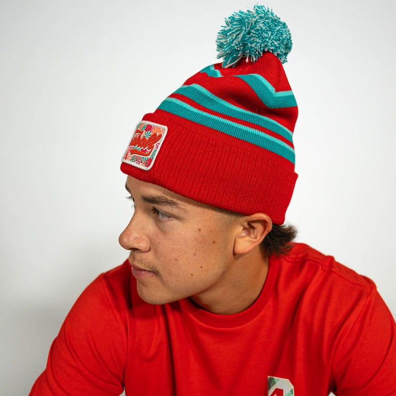 Red beanie with "Peppermint Beanie" design