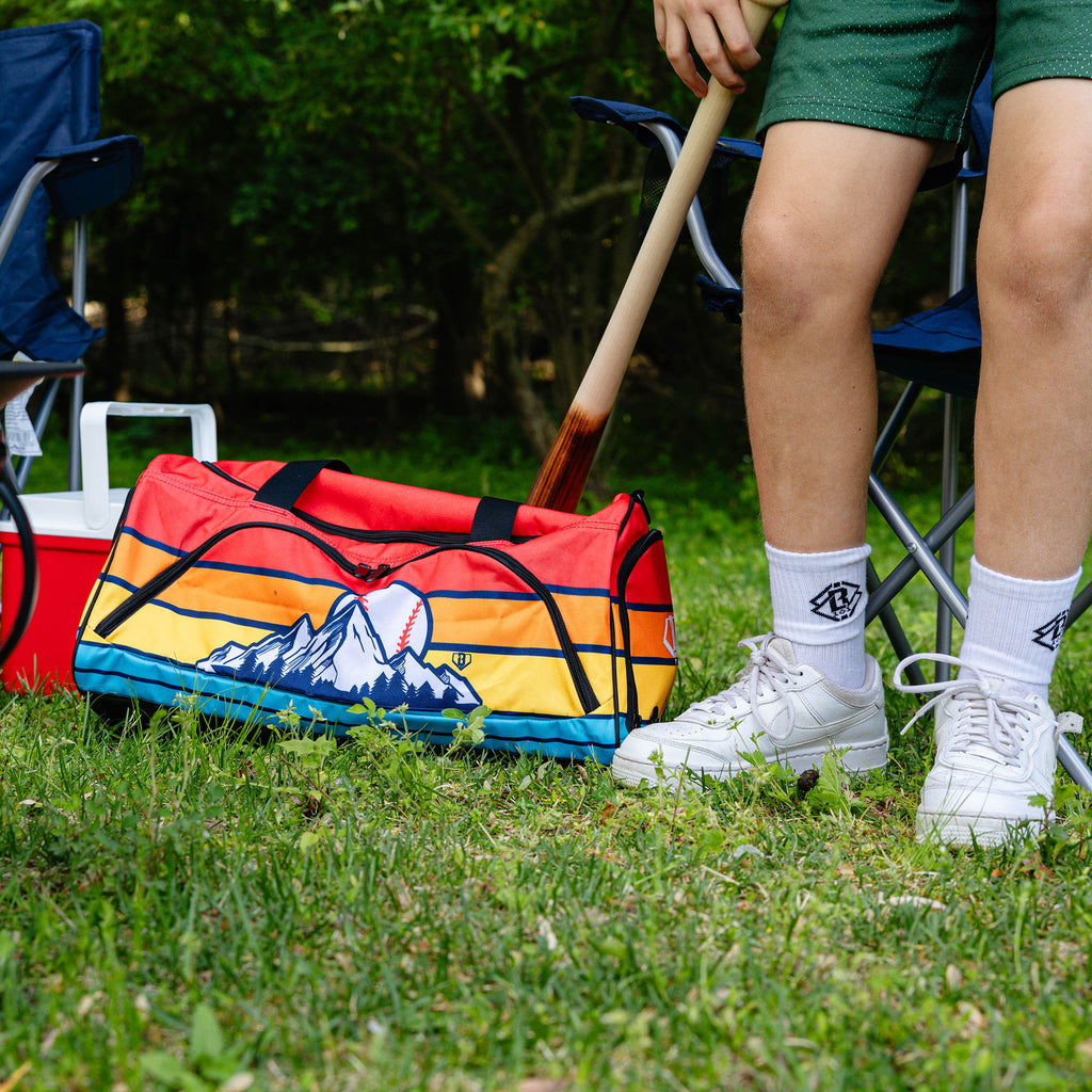 Camp Duffel Bag baseball retro mountain sunrise graphic ground level campsite