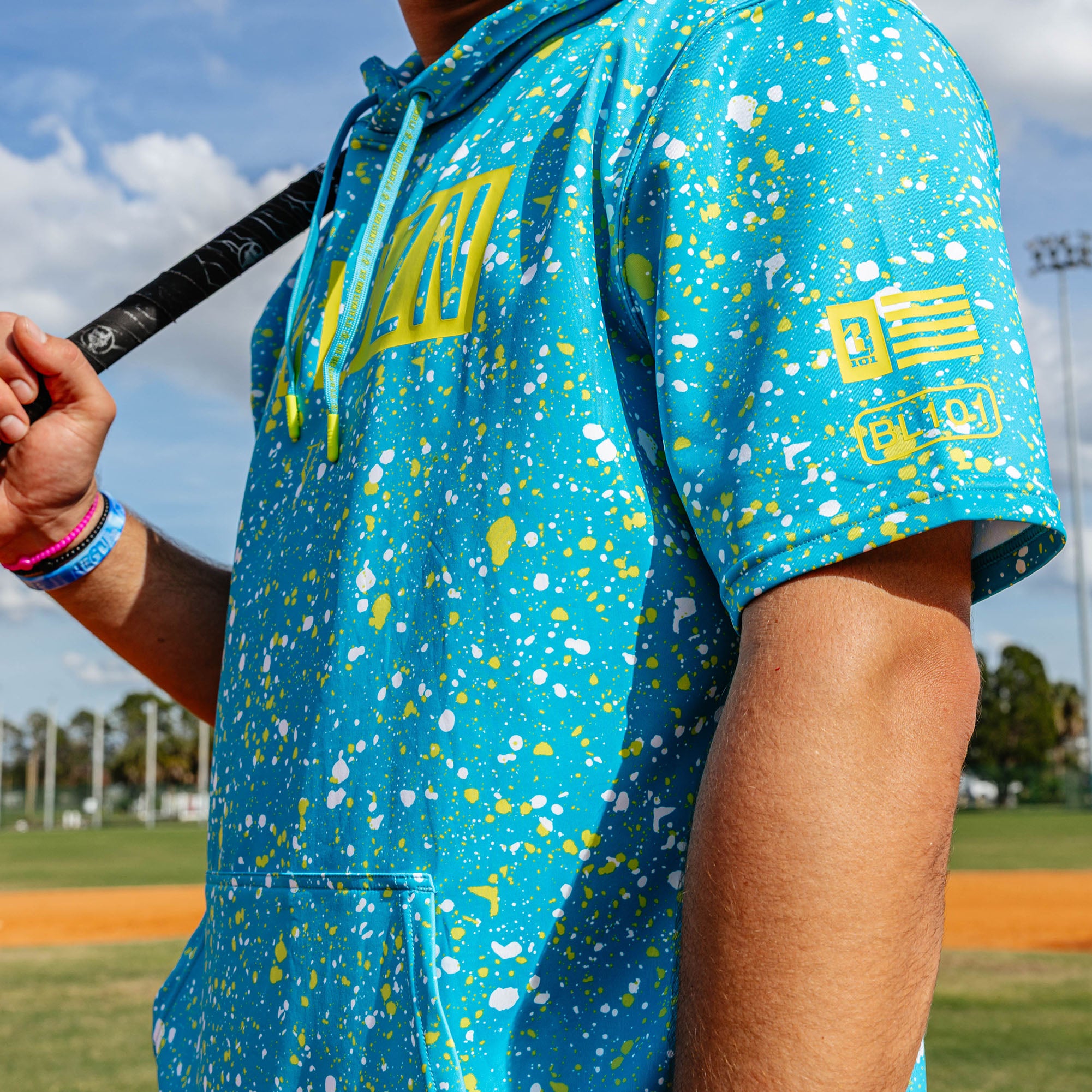BSBL-SZN Short Sleeve Hoodie V3 - Splatter Highlighter - Baseball