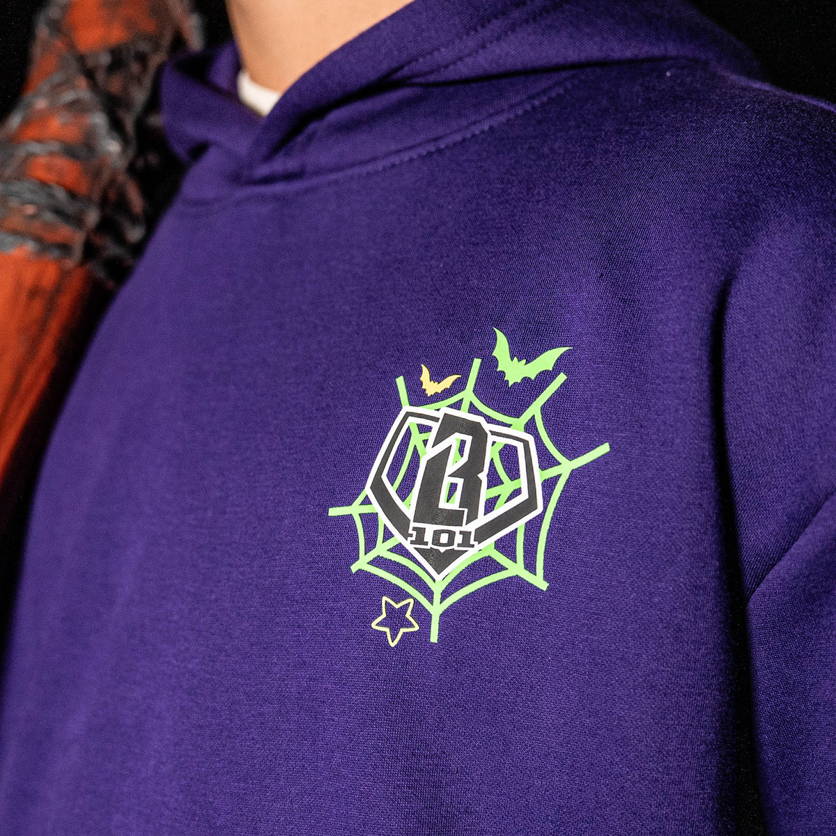 Adult model wearing hoodie with “BL101 Spiderweb” design
