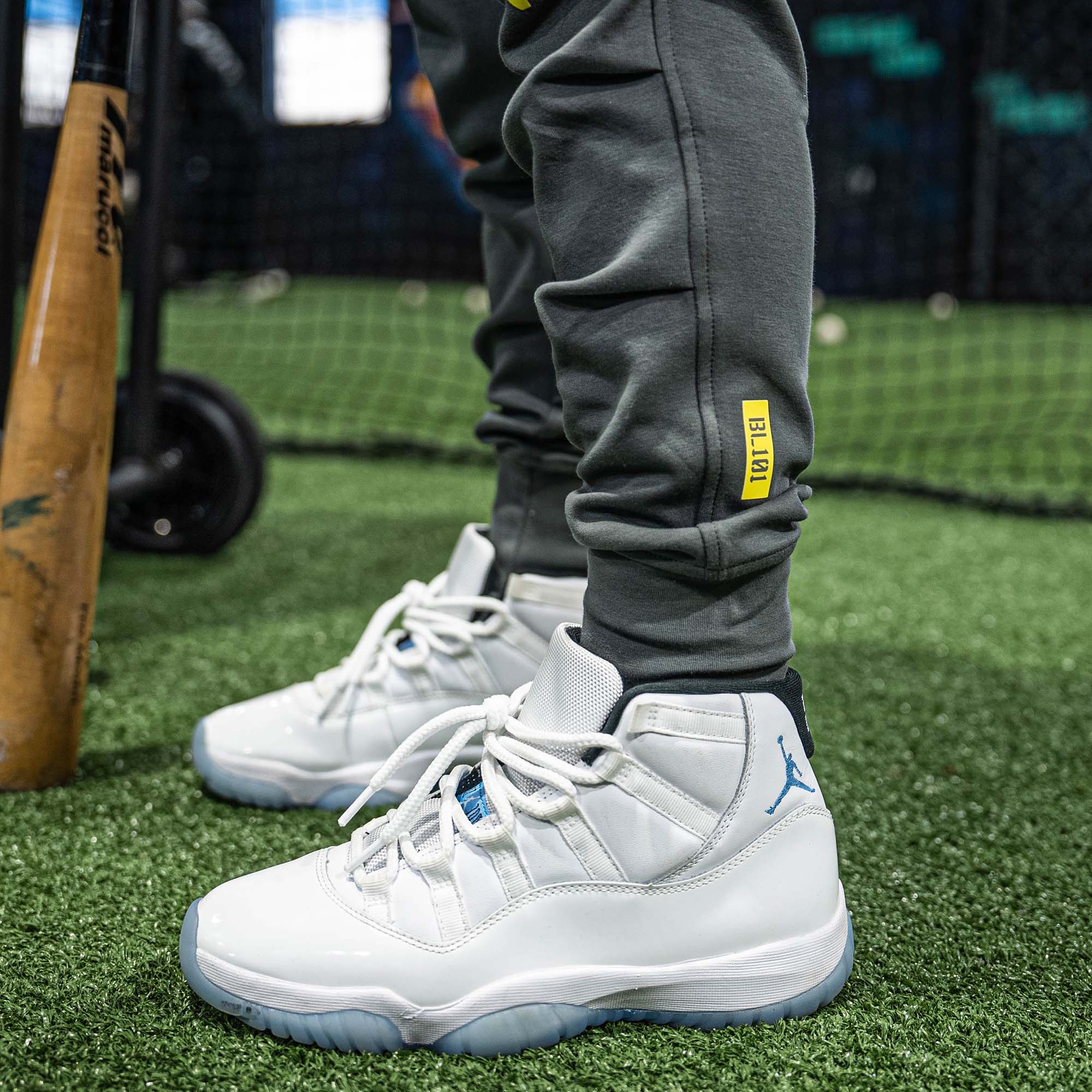 Close up of gray sweatpants with small, yellow BL101 text