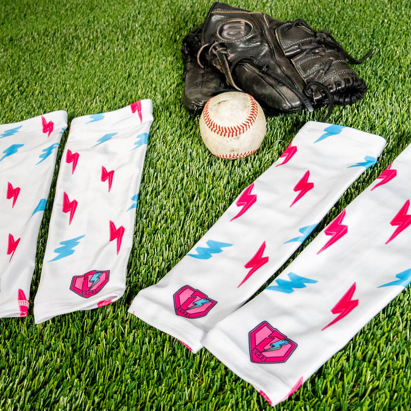 Rain Delay Lightning Youth Arm Sleeve - White/Pink/Blue