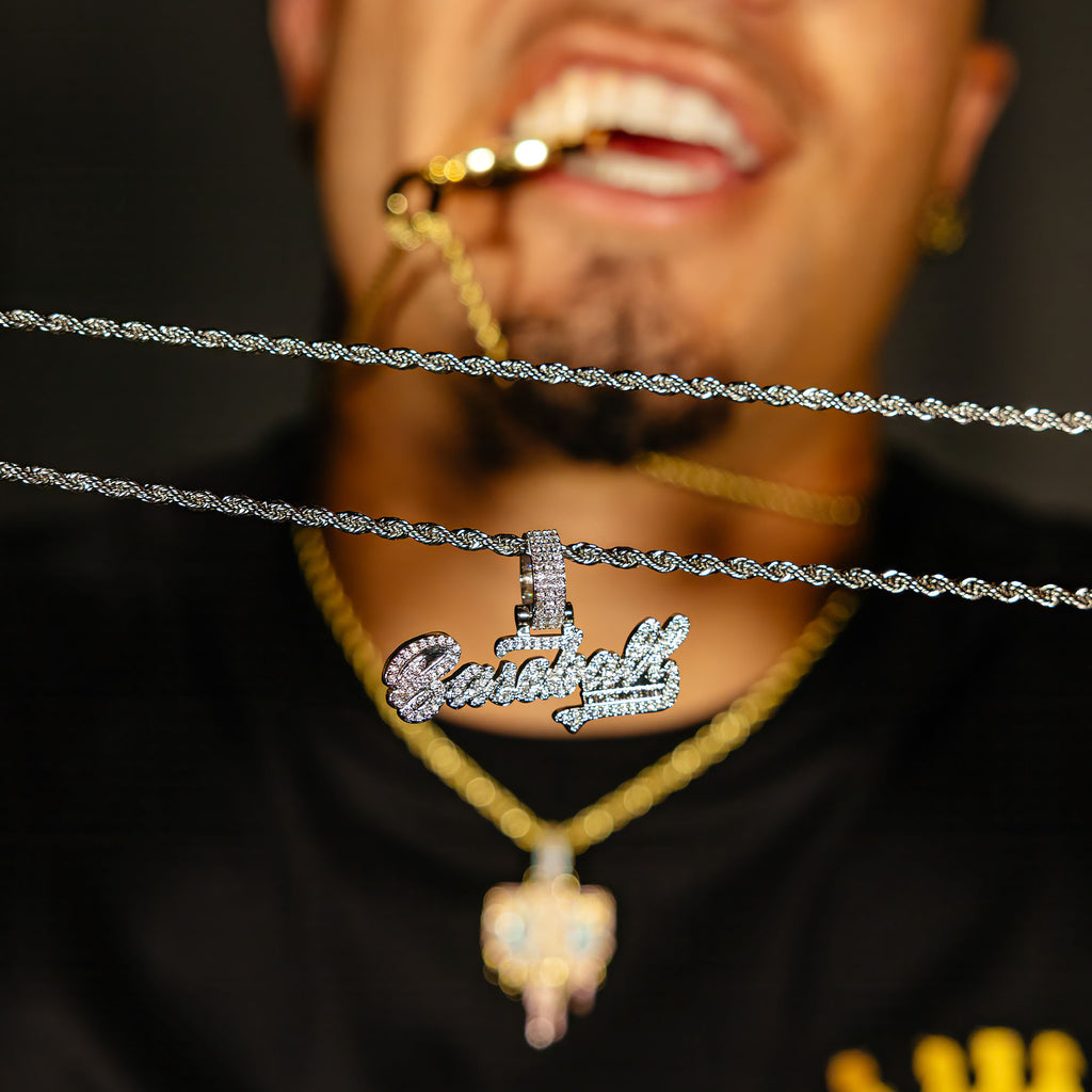 Model holding White Gold BL101 Established necklace.
