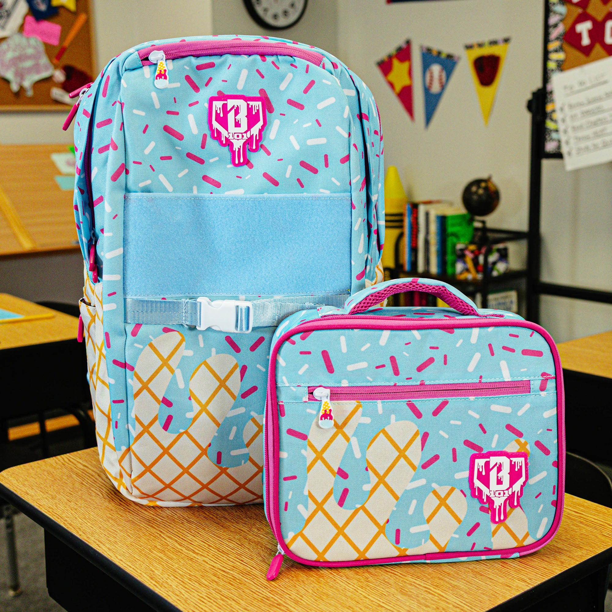 Adult model wearing blue lunch box with "Cotton Candy Ice Cream  SZN 2" design