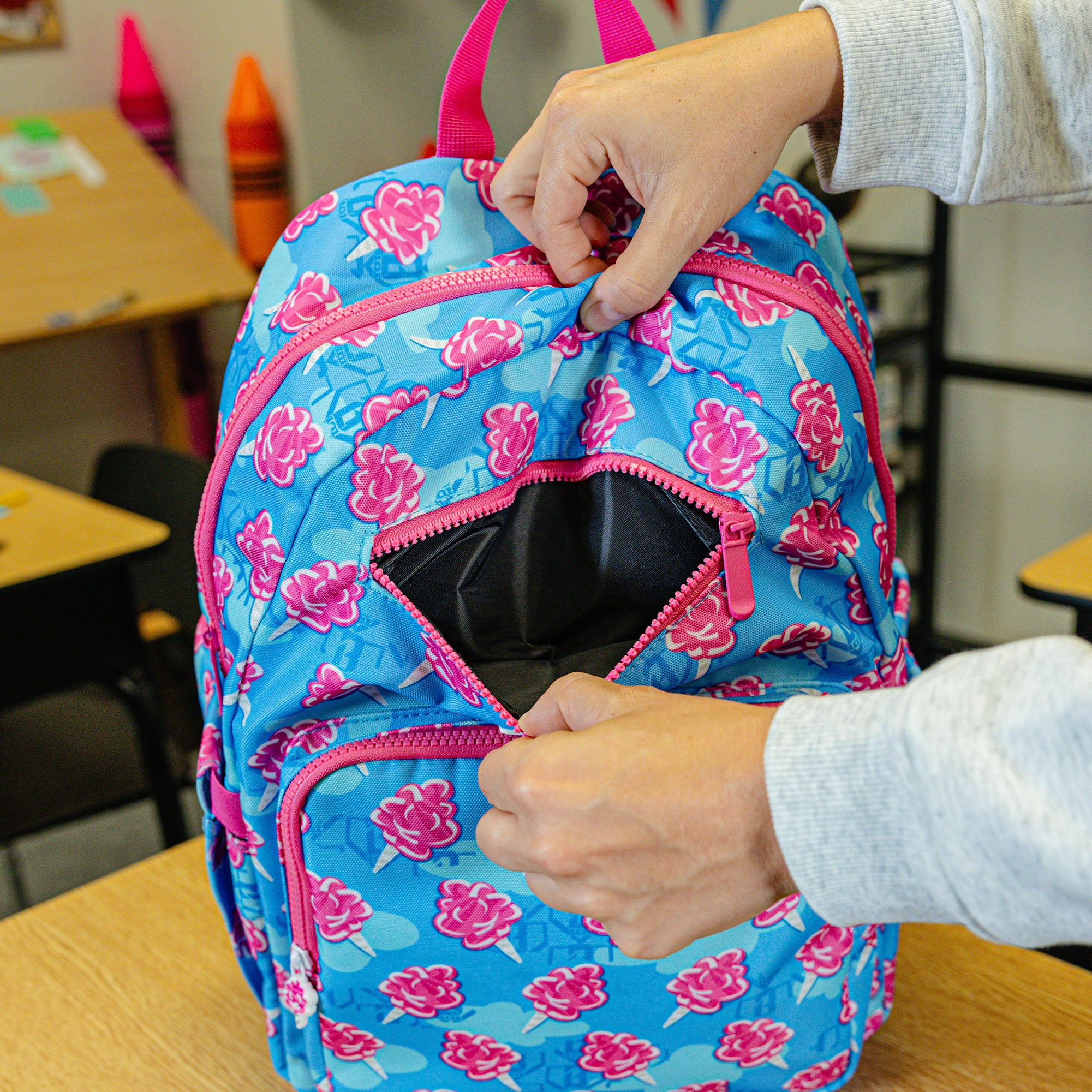 Multi-Color backpack with "Cotton Candy Rotation" design — back view