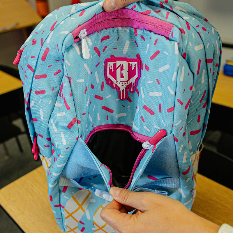 Blue backpack with "Cotton Candy Ice Cream  SZN 2" design — back view