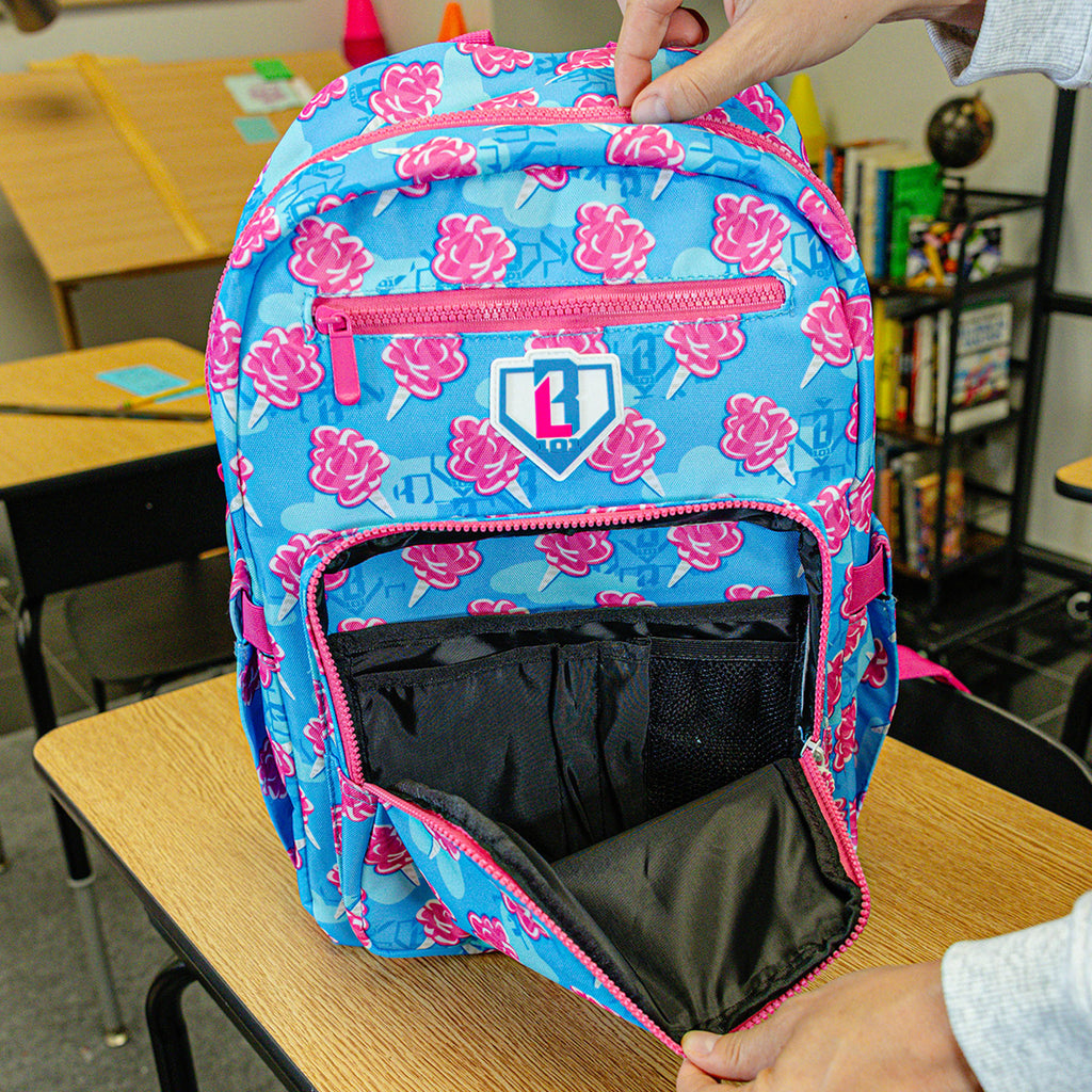 Multi-Color backpack with "Cotton Candy Rotation" design — back view