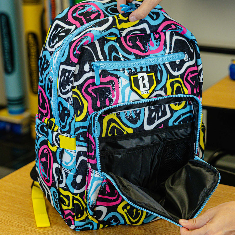 Multi-Color backpack with "Smiley Slugger Rotation" design — back view